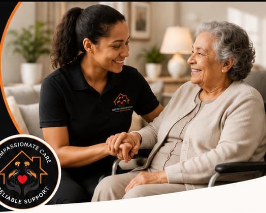 Compassionate caregiver supporting an elderly woman at home